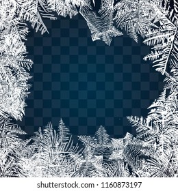 Frost Glass Pattern. Winter Frame On Transparent Background. Vector Christmas Illustration. Frozen Window Ornament. Frame For Christmas Card