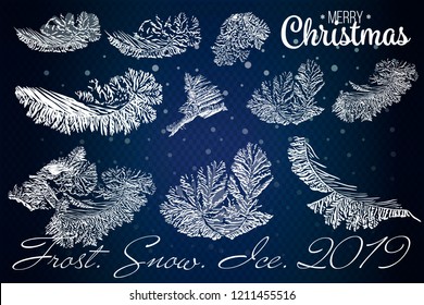 Frost Glass Pattern. Winter Frame On Transparent Background. Vector Christmas Illustration. 2019 White Snowy Frames For Decoration. Vector