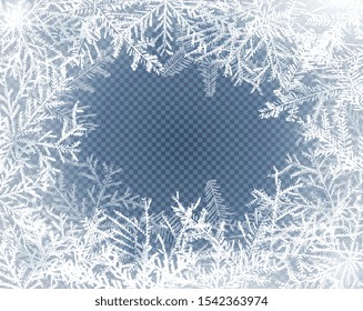 Frost Glass Pattern. Winter Frame On Transparent Background. Vector Christmas Illustration