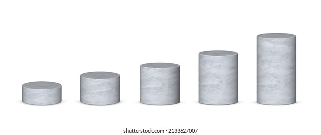 Vista frontal de los cilindros 3d grises escarpados y niveles con perspectiva aislada sobre fondo gris.