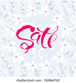 Frost on the window, blue snowflakes, holly red lettering Sale on blue background, stock vector illustration
