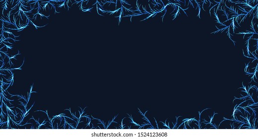 Frost pattern frame background. Frozen glass with winter ornaments decoration