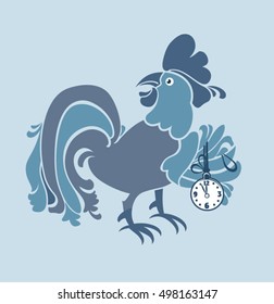Frost Rooster and pocket watches. Vector illustration.