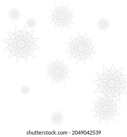 Frost Sharp Mystery Cold Ice Pattern. Luxury Innocent Print Chaotic Wallpaper. Christmas White Winter Grey Mandala Design Pic. New Year Silver Snowflakes Stars Monochrome Sky Background.