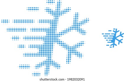 Frostschneeflocken mit halftone gepunkteter Symbolgrafik. Halftone Muster enthält runde Punkte. Vektorgrafik von Frostschneeflocken Symbol auf weißem Hintergrund. Flache Abstraktion für Frostschneeflocken-Objekt.