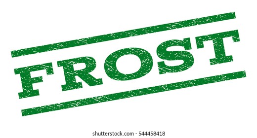 Frost watermark stamp. Text tag between parallel lines with grunge design style. Rubber seal stamp with unclean texture. Vector green color ink imprint on a white background.