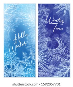 Frost window vertical banners set with winter symbols realistic isolated vector illustration