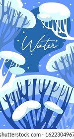 Frost winter seasonal background with lettering vector illustration. Winter-time forest trees and twigs decorated with bunch of snow flat style design. Winter-tide season and nature concept