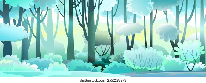 Heladas y nieve invernal. Paisaje forestal. Clima frío. Hermoso azul. Paisaje con árboles. Divertido estilo de dibujos animados. Vector de Imagen