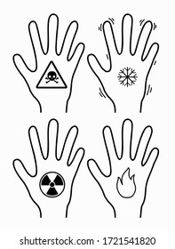 Frostbite, burn, radiation and poisoning of limbs. Contour silhouette of  hands with a snowflake, fire, poison and radiation icon. Vector object for icons, logos, infographics and your design.