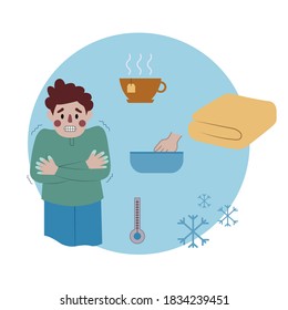 
Frostbite concept. The man is shivering from the cold with blue fingers against the background of a blanket, a cup of tea, a thermometer and snow. Health care concept. Vector illustration