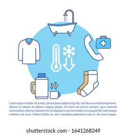 Frostbite first aid and therapy concept icon with text. Low temperature effect treatment PPT page vector template. Brochure, magazine, booklet design element with linear illustrations