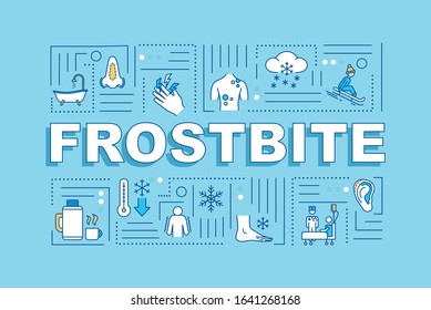 Frostbite first aid and therapy, hypothermia treatment word concepts banner. Infographics with linear icons on blue background. Isolated typography. Vector outline RGB color illustration
