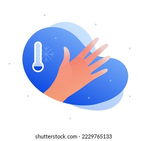 Frostbite and hypothermia health care collection. Vector flat healthcare illustration. Human hand with damage on fingers. Cold temperature thermometer symbol on blue background isolated on white