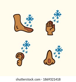 Frostbite icons. The linear vector color icons of frostbite of the hands, feet, ears, nose. Visual aid for the frostbite poster. Vector illustration