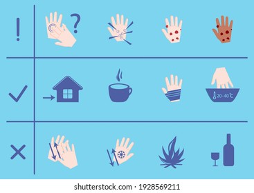 Froststille Infografiken. Symptome, Schutz und Erste Hilfe. Medizinischer Frostbiss. Hypothermie in der Wintersaison. Satz von Hypothermie-Vektorsymbols für Webdesign einzeln auf weißem Hintergrund. Vektorgrafik