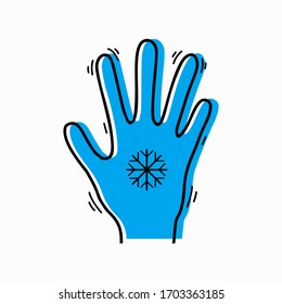 Frostbite of limbs. Contour silhouette of a trembling hand with a snowflake and blue silhouette. Vector object for icons, logos, infographics and your design.