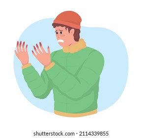 Frostbite on fingers from cold 2D vector isolated illustration. Worried man with injured hands in winter flat characters on cartoon background. Everyday situation and daily life colourful scene