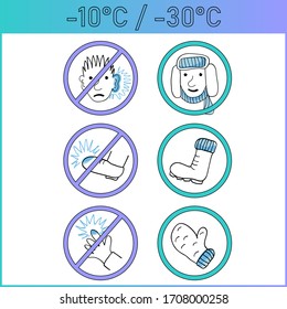Infografías de prevención de congelamiento. Iconos vectoriales de oreja, mano, pierna congelada. Concepto de protección contra heladas e hipotermia a baja temperatura de invierno con ropa caliente. Dibujo a mano en estilo doodle.