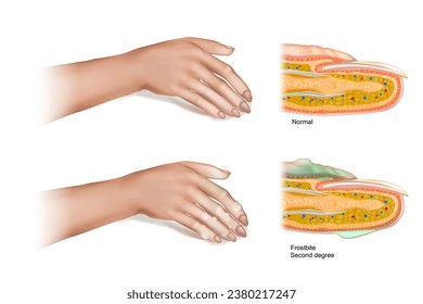 Frostbite Second degree. Skin injury that occurs when exposed to extreme low temperatures, causing the freezing of the skin or other tissues. 