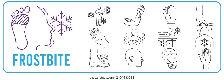 Frostbite. Symptoms, Line icons set. Vector signs for web graphics