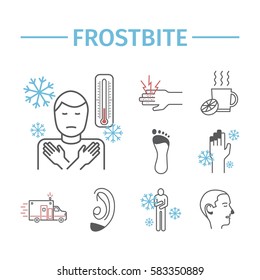 Frostbite. Symptoms, Line icons set. Vector signs for web graphics.