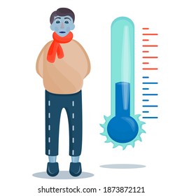A frostbitten boy with a thermometer is isolated on a white background. Negative temperature, the boy with doorways and without a hat froze. Vector illustration.