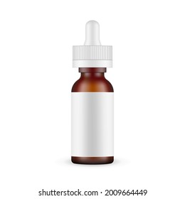 Frosted Amber Dropper Bottle Mockup with Blank Label, Isolated on White Background. Vector Illustration