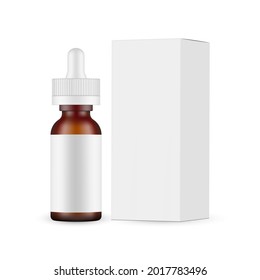 Frosted Amber Dropper Bottle Mockup and Paper Box Side View, Isolated on White Background. Vector Illustration