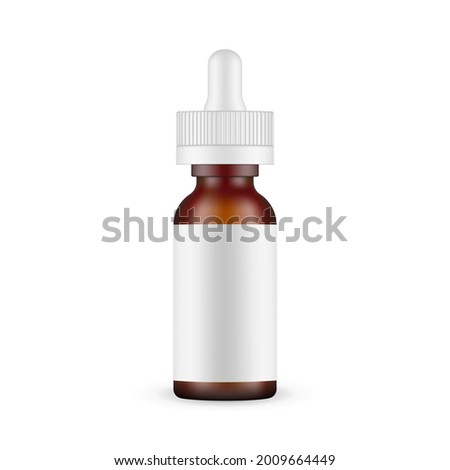 Frosted Amber Dropper Bottle Mockup with Blank Label, Isolated on White Background. Vector Illustration
