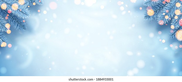 Frosted blue spruce branches. Bokeh lights. Space for text. Winter Xmas vector illustration.