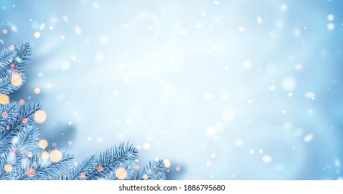 Frosted blue spruce branches. Bokeh lights. Space for text. Winter Xmas vector illustration.