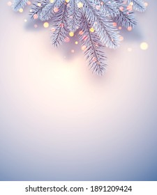 Frosted blue spruce branches. Bokeh lights. Space for text. Poster, flyer, card. Vector illustration.