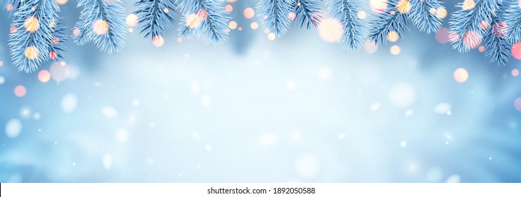 Frosted blue spruce branches. Bokeh lights. Space for text. Winter Christmas banner. Vector illustration.