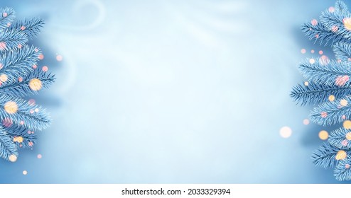Frosted blue spruce branches border. Bokeh lights. Space for text. Winter Xmas vector illustration.