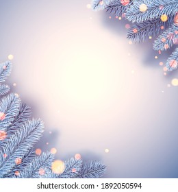 Frosted blue spruce branches in corners. Bokeh lights. For cards, posters. Vector illustration.