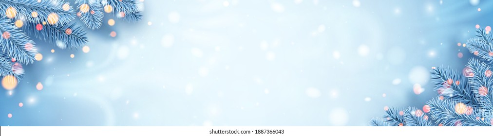 Marco de ramas de abeto azul escarchado. Luces de bokeh. Espacio para texto. Plantilla de banner. Ilustración vectorial de navidad de invierno.