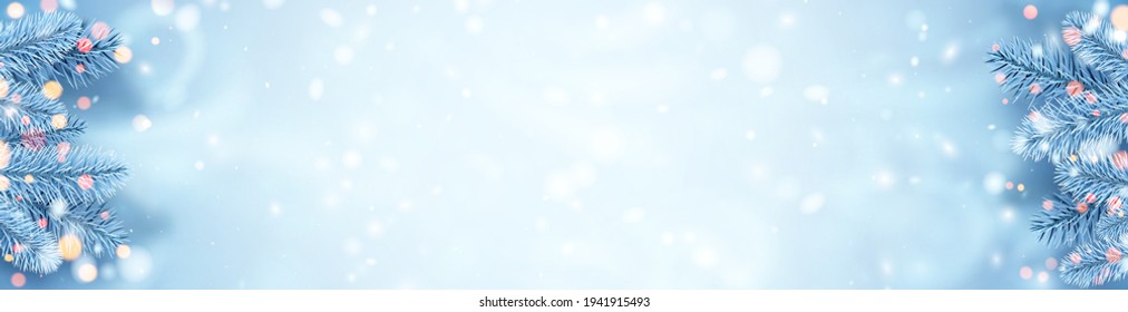 Frosted blue spruce branches frame. Bokeh lights. Space for text. Banner template. Winter Xmas vector illustration.