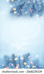 Frosted blue spruce branches frame. Bokeh lights. Space for text. Card, poster, flyer template. Winter Xmas vector illustration.