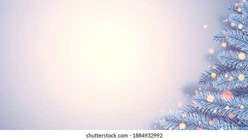 Ramas de abeto azul escarchado como la mitad del árbol de Navidad. Luces de bokeh. Espacio para texto. Ilustración vectorial.
