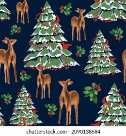 Frosted Christmas trees with navy ground and deer, modern style pattern. Elegant seamless seasonal holidays background. Separate elements.