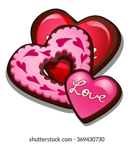Frosted cookies in the shape of hearts. Vector.