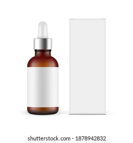 Frosted Dark Glass Dropper Bottle Mockup With Metal Cap, Blank Label, Paper Packaging Box Front View, Isolated on White Background. Vector Illustration