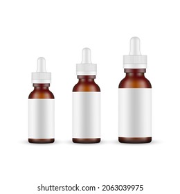 Frosted Dark Glass Dropper Bottles Mockups With Blank Labels, Front View, Isolated on White Background. Vector Illustration