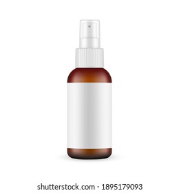 Frosted Dark Glass Spray Bottle Mockup With Blank Label, Front View, Isolated on White Background. Vector Illustration