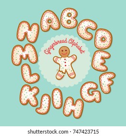 Hombre de pan de jengibre decorado con escarcha con un juego de letras de galletas de pan de jengibre, de A a N. Ilustración vectorial.