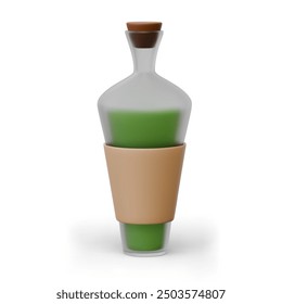 Frosted glass bottle with green liquid. Clogged packaging for cosmetic product, aromatic oil