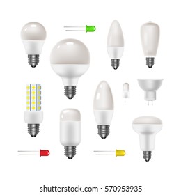 Frosted glass bulb set. Led energy saving lamps with e27 and e14. Realistic icon