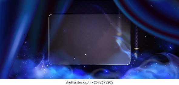 Frosted glass on background мystic Blue Nebula with royal luxurious blue silk draperies for interior decoration. Blue Smoke with twinkle neon particles on the a dark transparent background