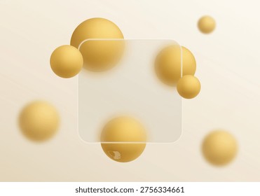 Frosted glass panel with rounded edges, featuring gold spheres arranged across multiple planes against a beige background, designed for web design in the fields of premium interfaces, fintech, and luxury brands.